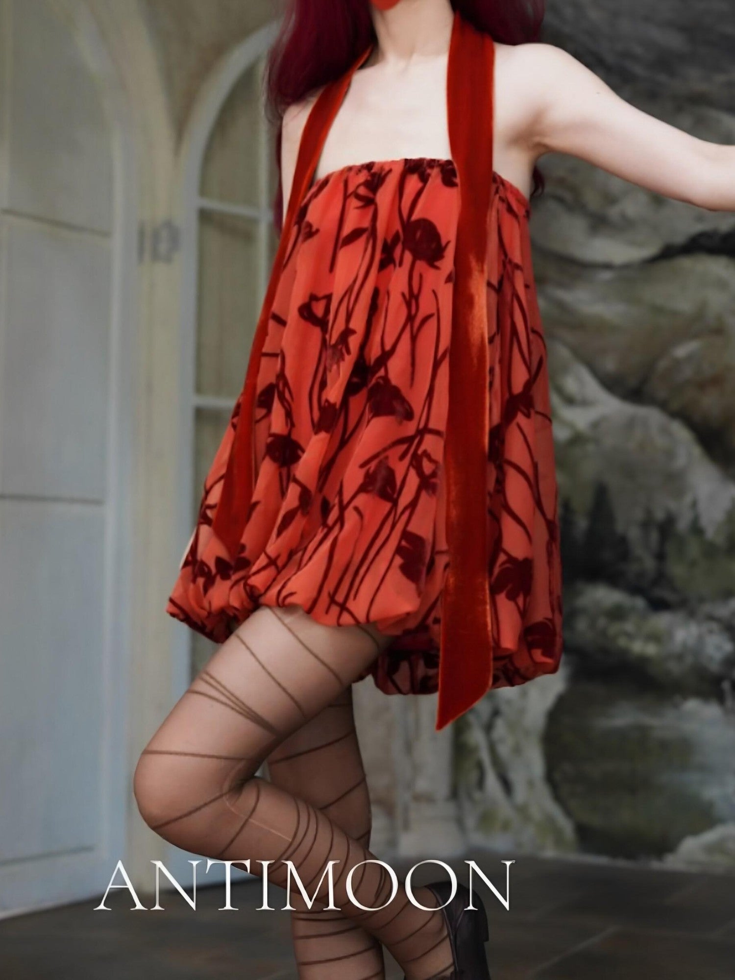 ANTIMOON Scarlet Vine Romantic Floral Burnout Vintage Women's Velvet Matching Skirt Sets