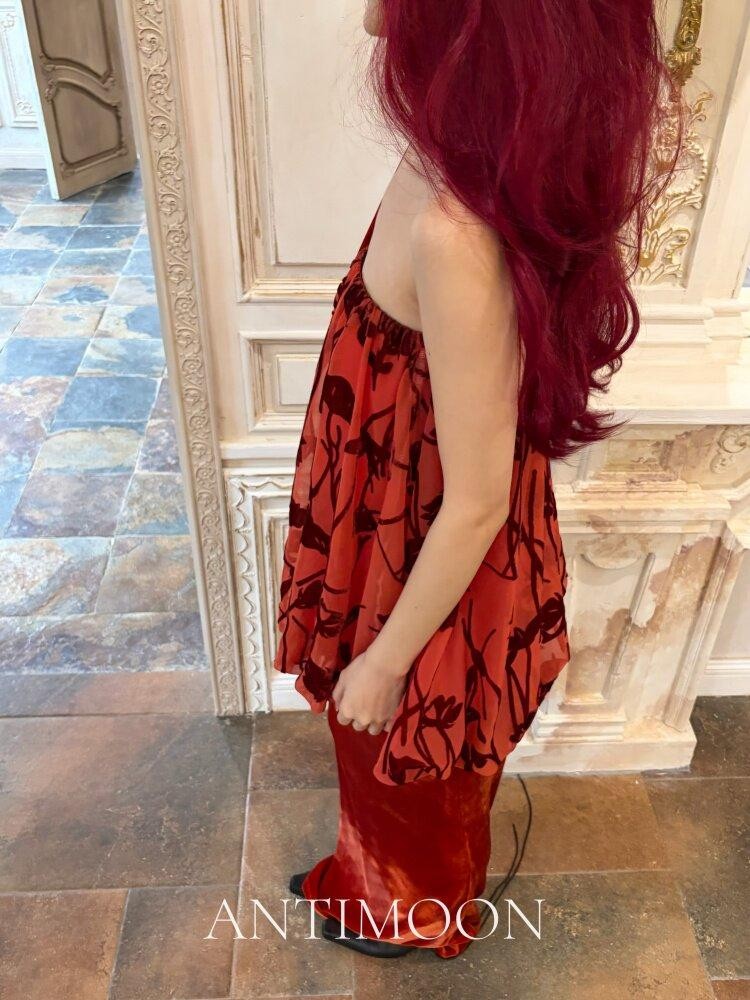 ANTIMOON Scarlet Vine Romantic Floral Burnout Vintage Women's Velvet Matching Skirt Sets