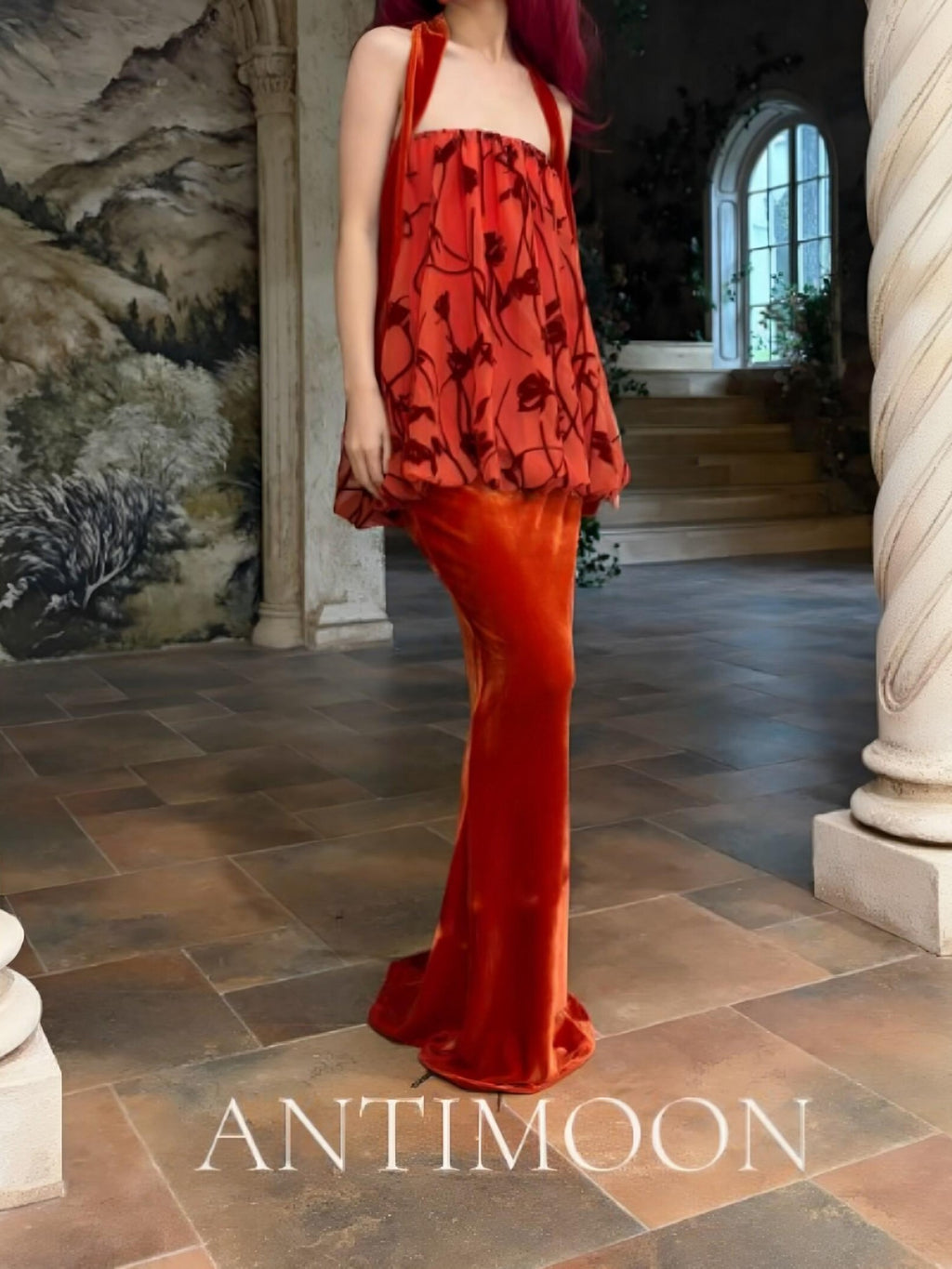 ANTIMOON Scarlet Vine Romantic Floral Burnout Vintage Women's Velvet Matching Skirt Sets