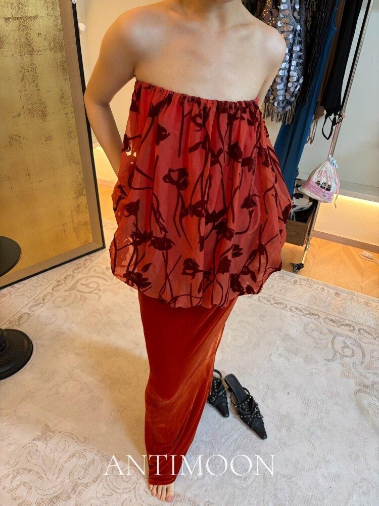 ANTIMOON Scarlet Vine Romantic Floral Burnout Vintage Women's Velvet Matching Skirt Sets
