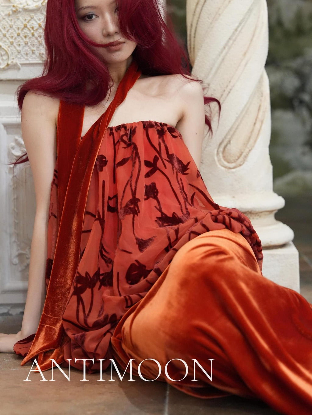 ANTIMOON Scarlet Vine Romantic Floral Burnout Vintage Women's Velvet Matching Skirt Sets