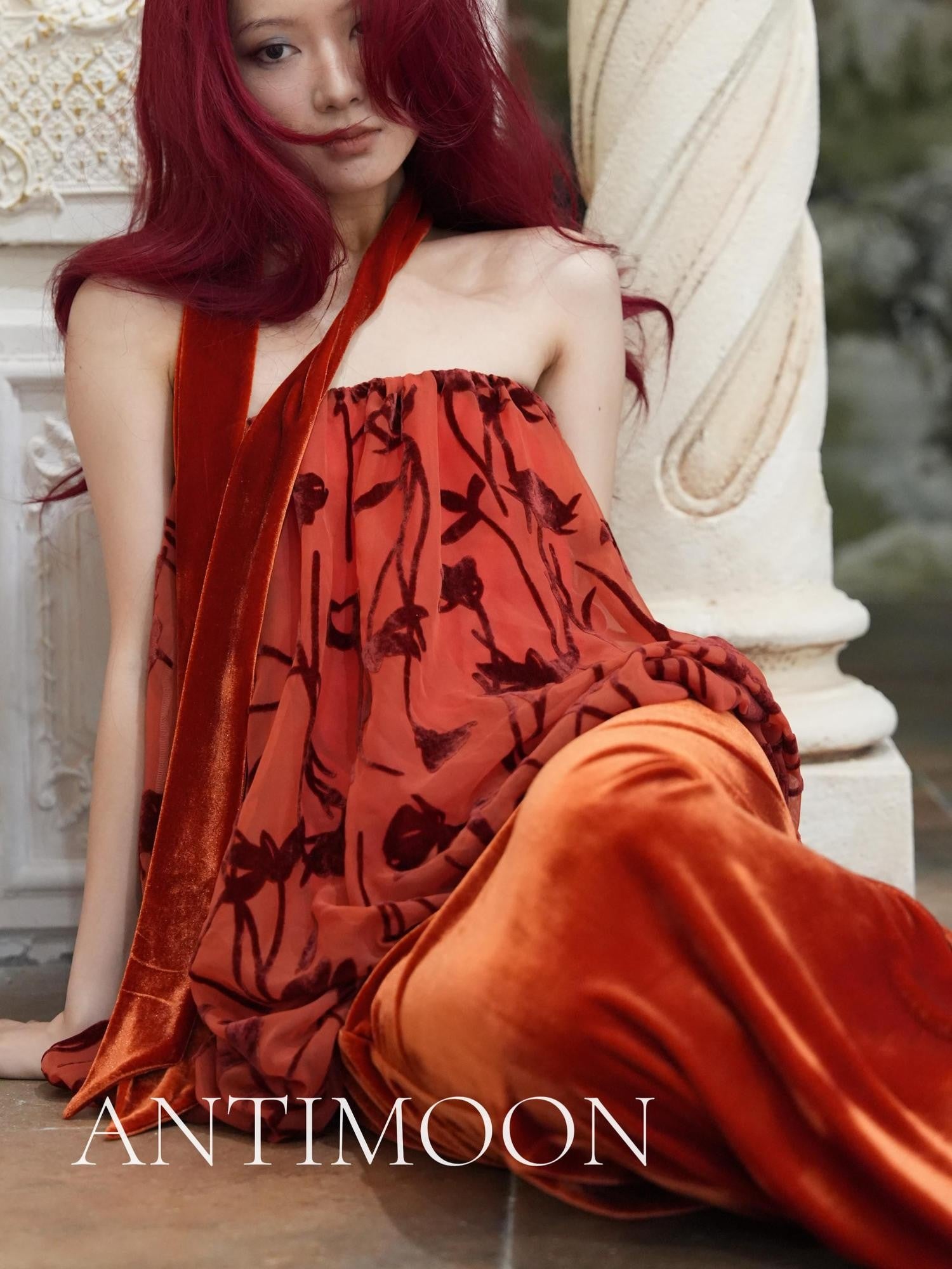ANTIMOON Scarlet Vine Romantic Floral Burnout Vintage Women's Velvet Matching Skirt Sets