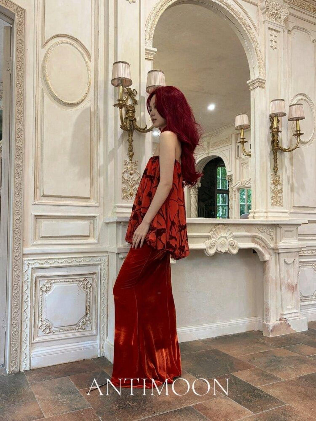 ANTIMOON Scarlet Vine Romantic Floral Burnout Vintage Women's Velvet Matching Skirt Sets