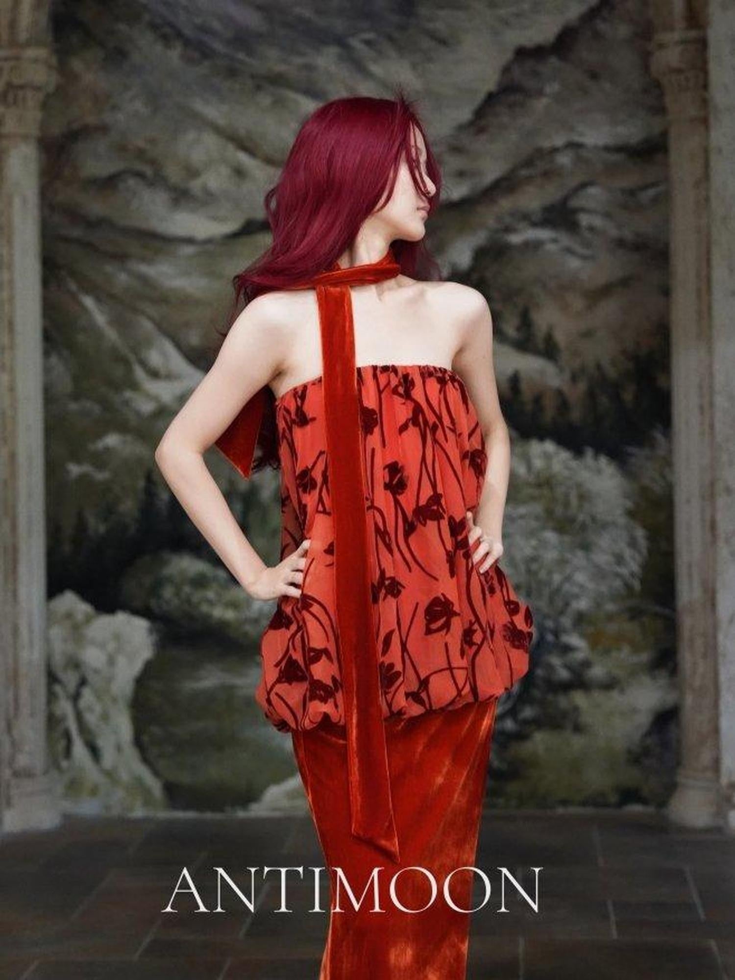 ANTIMOON Scarlet Vine Romantic Floral Burnout Vintage Women's Velvet Matching Skirt Sets