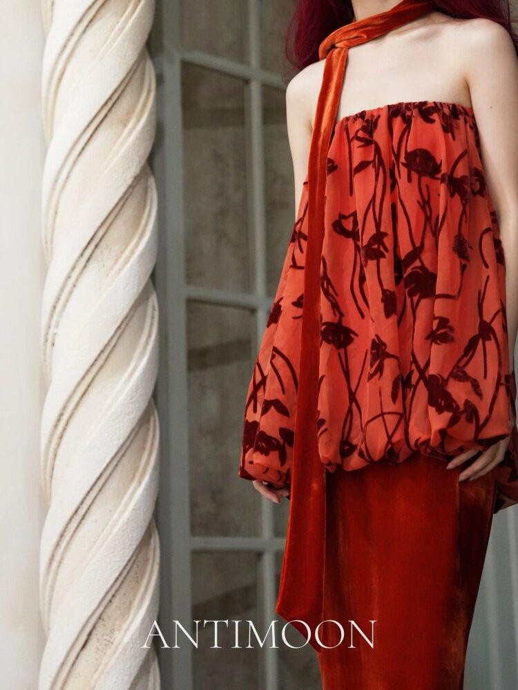 ANTIMOON Scarlet Vine Romantic Floral Burnout Vintage Women's Velvet Matching Skirt Sets