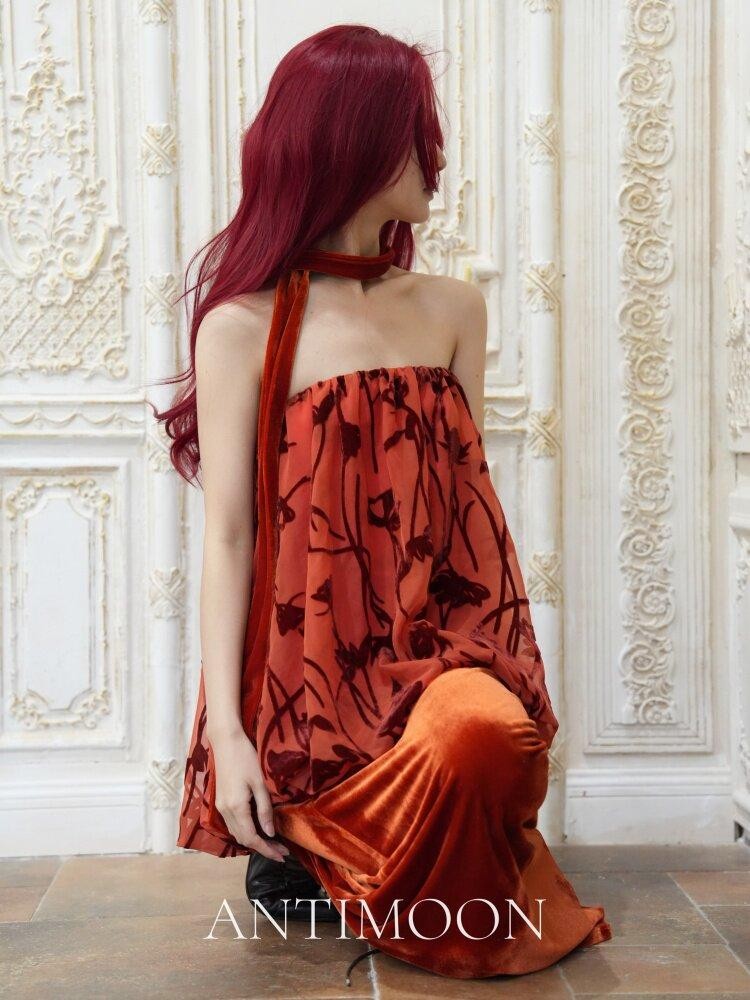 ANTIMOON Scarlet Vine Romantic Floral Burnout Vintage Women's Velvet Matching Skirt Sets
