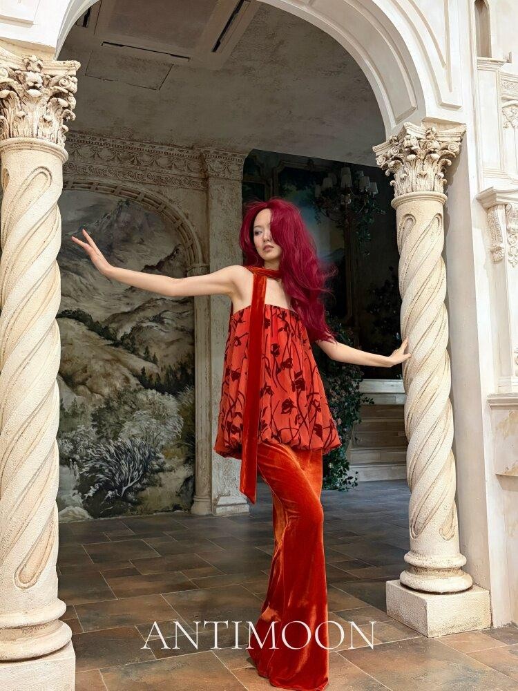 ANTIMOON Scarlet Vine Romantic Floral Burnout Vintage Women's Velvet Matching Skirt Sets