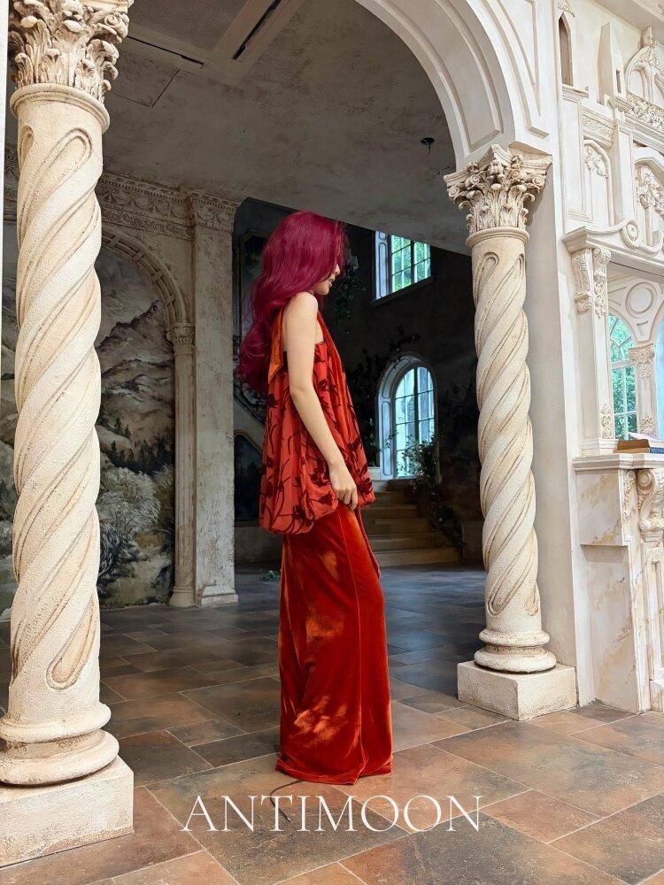 ANTIMOON Scarlet Vine Romantic Floral Burnout Vintage Women's Velvet Matching Skirt Sets