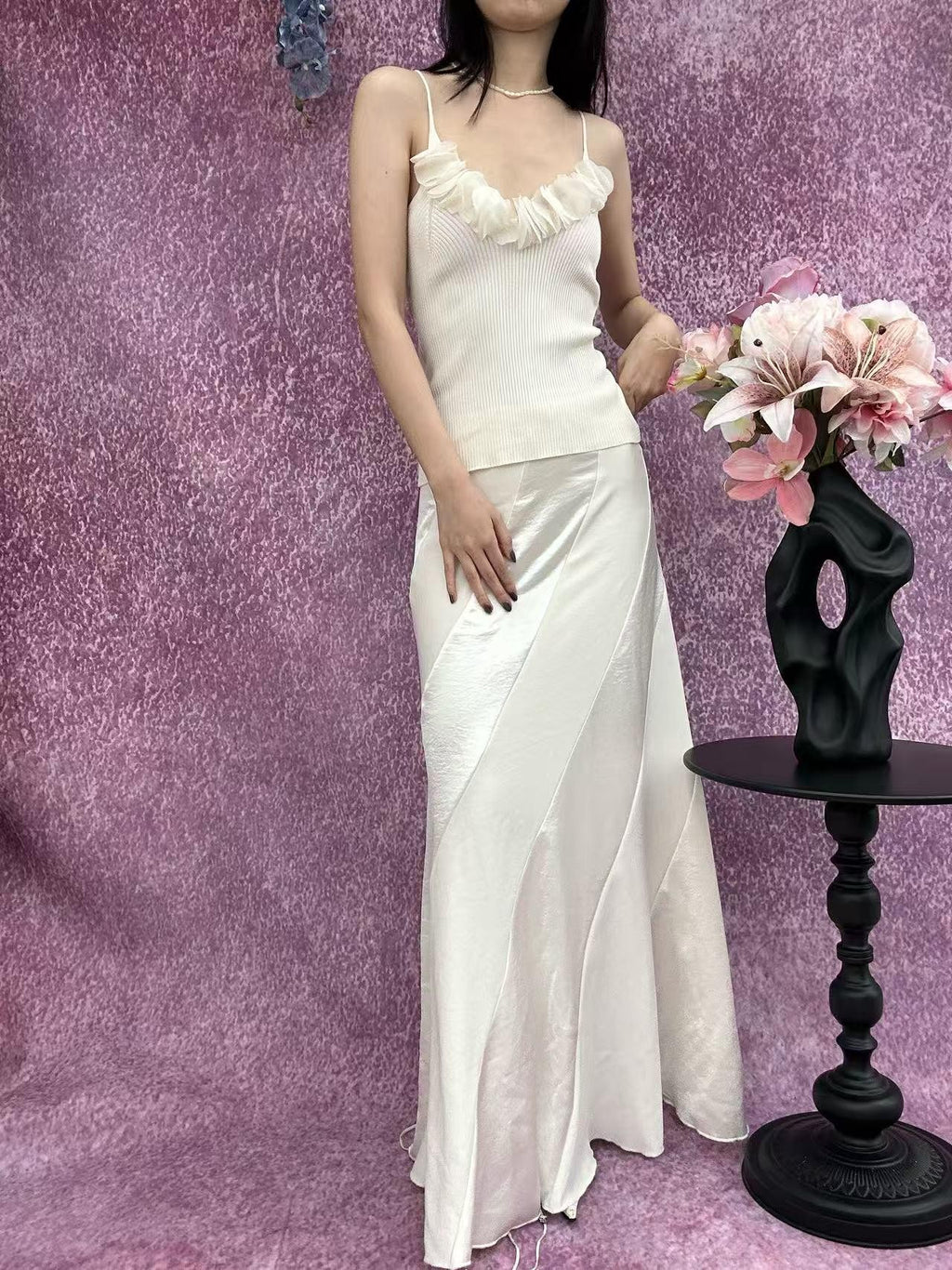 ANTIMOON Sheer 3d Trim Ribbon Ribbed French Women's Polyester Knit Camisoles