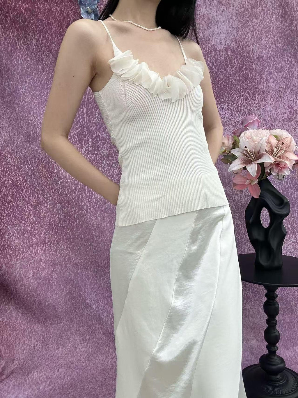 ANTIMOON Sheer 3d Trim Ribbon Ribbed French Women's Polyester Knit Camisoles