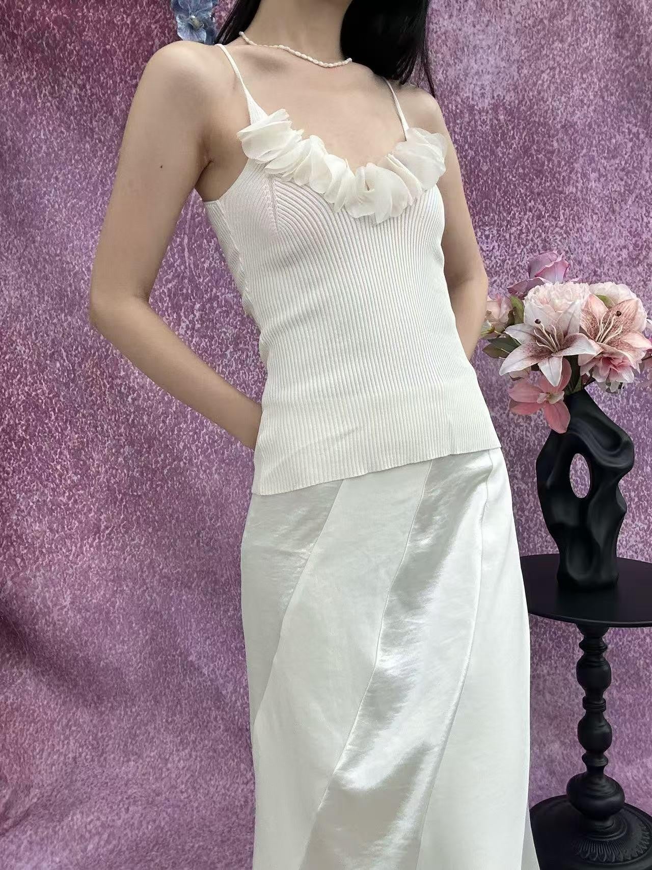 ANTIMOON Sheer 3d Trim Ribbon Ribbed French Women's Polyester Knit Camisoles
