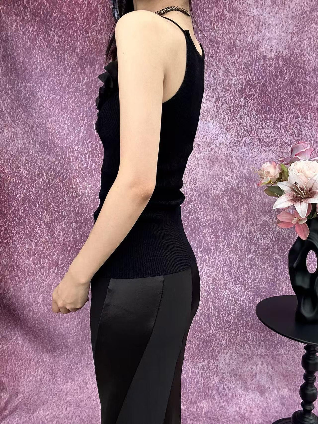 ANTIMOON Sheer 3d Trim Ribbon Ribbed French Women's Polyester Knit Camisoles