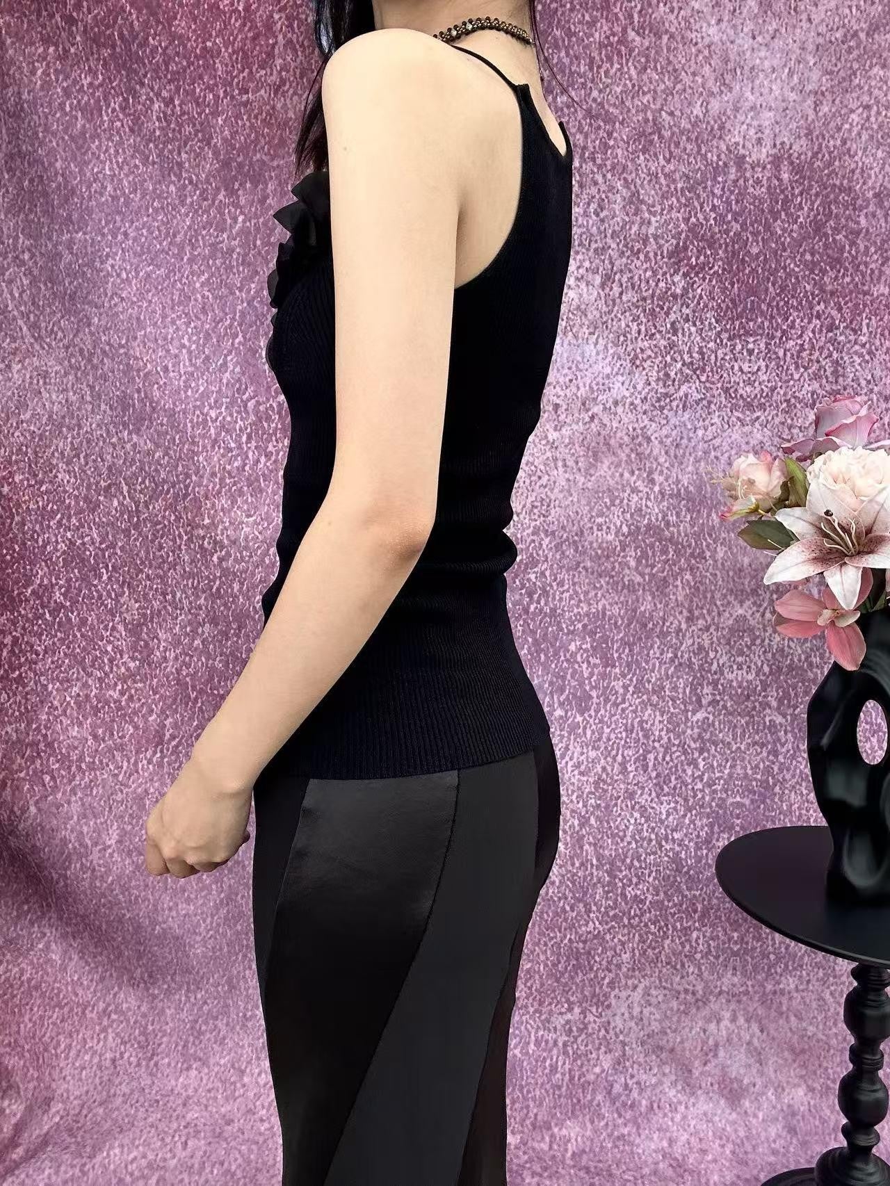 ANTIMOON Sheer 3d Trim Ribbon Ribbed French Women's Polyester Knit Camisoles