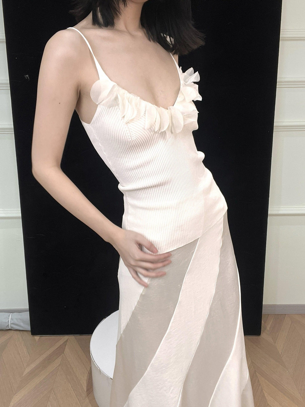 ANTIMOON Sheer 3d Trim Ribbon Ribbed French Women's Polyester Knit Camisoles