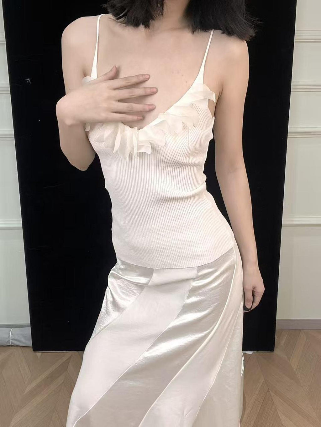ANTIMOON Sheer 3d Trim Ribbon Ribbed French Women's Polyester Knit Camisoles