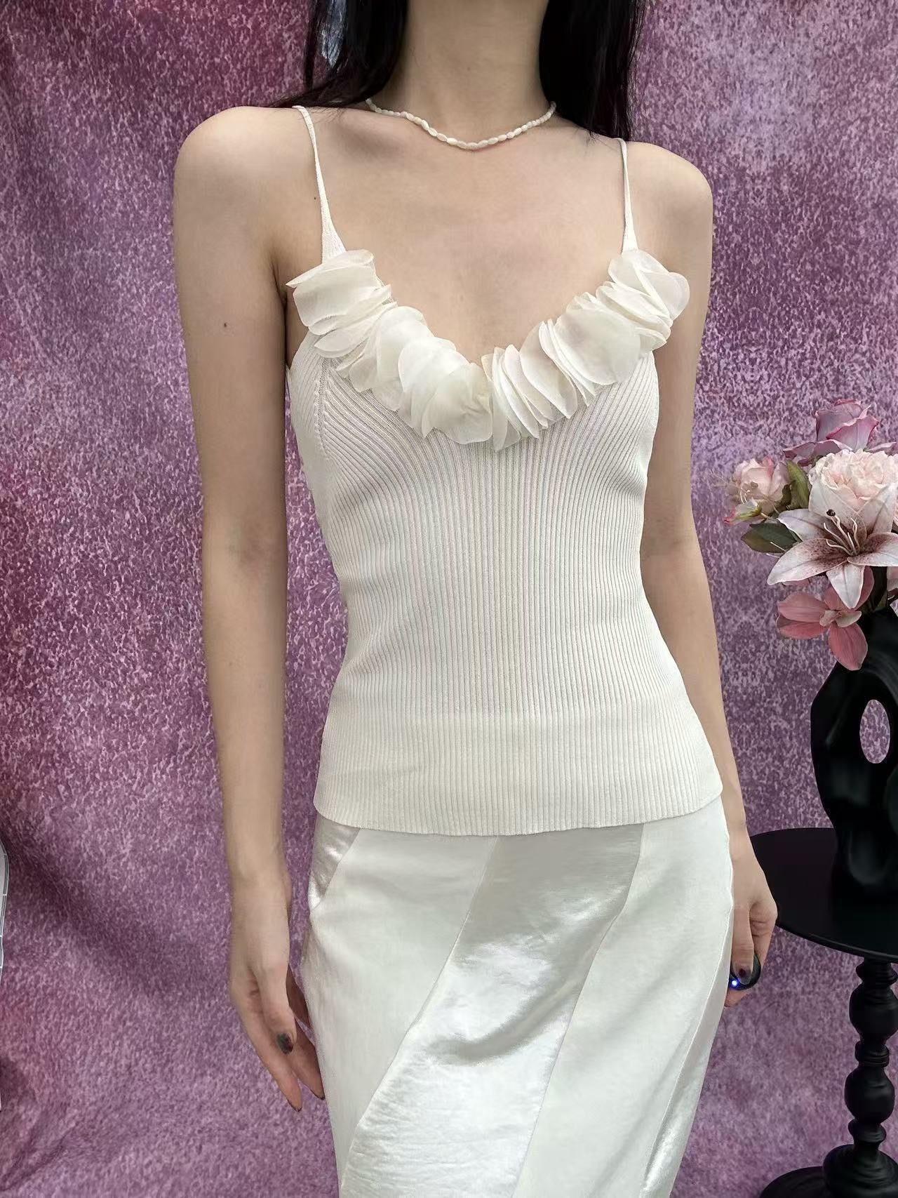 ANTIMOON Sheer 3d Trim Ribbon Ribbed French Women's Polyester Knit Camisoles