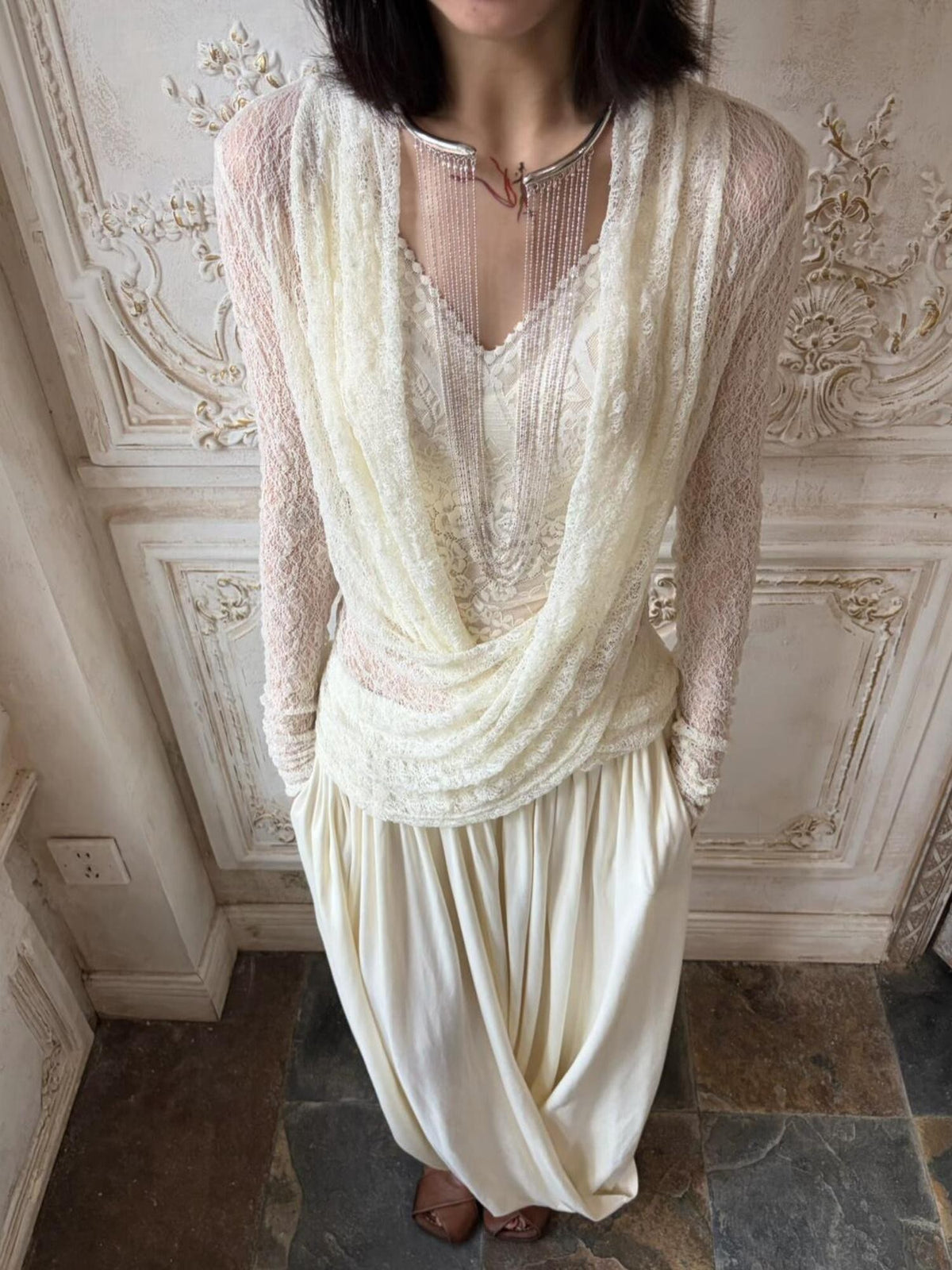 ANTIMOON Sheer Lace Knot Draped Neck Ruched Women's Long Sleeve T-shirts