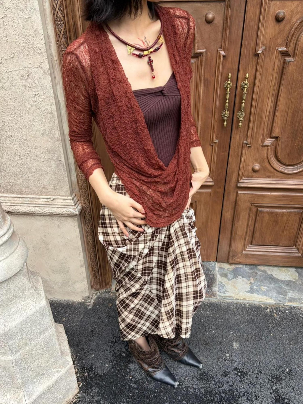 ANTIMOON Sheer Lace Knot Draped Neck Ruched Women's Long Sleeve T-shirts