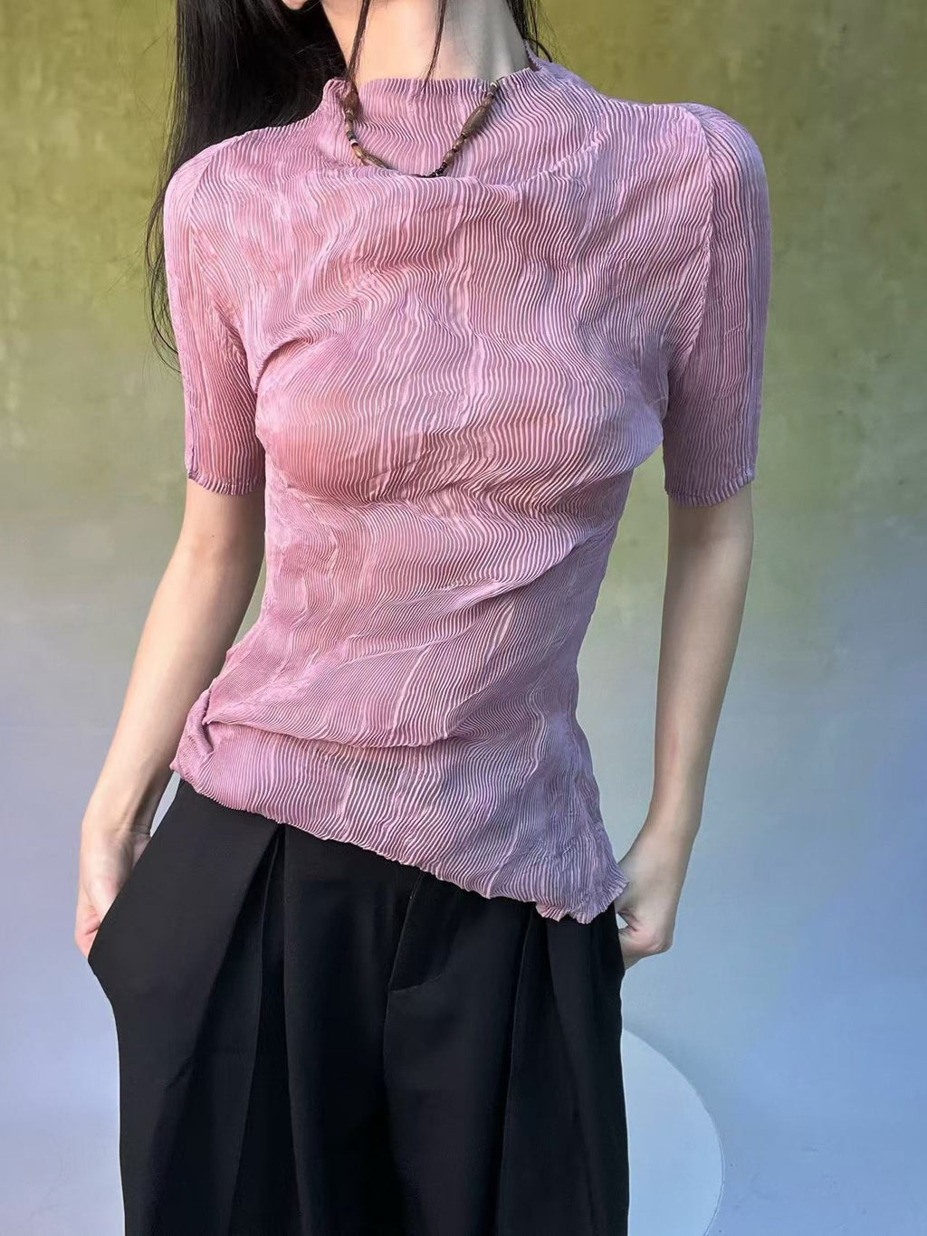 ANTIMOON_Sheer_Pleated_Willow_Stripe_Five_Tone_Women's_Polyester_Short_Sleeve_T-shirts_958265766242_MISSTT