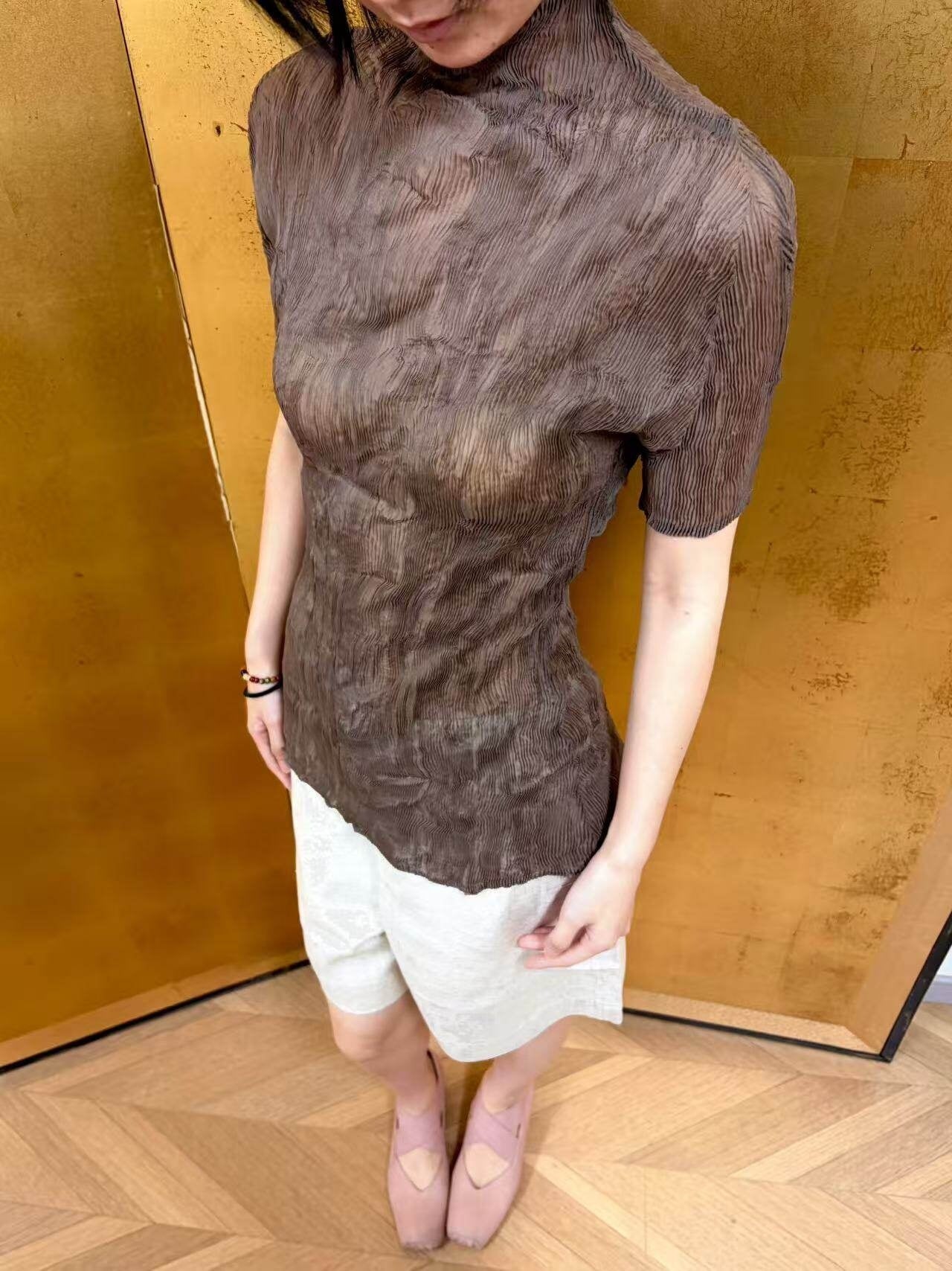 ANTIMOON_Sheer_Pleated_Willow_Stripe_Five_Tone_Women's_Polyester_Short_Sleeve_T-shirts_958265766242_MISSTT