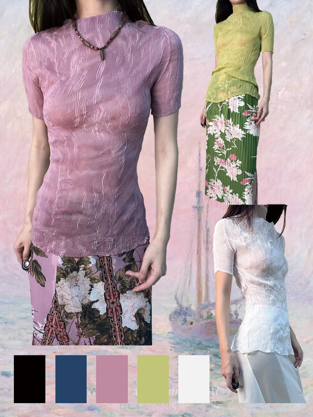 ANTIMOON Sheer Pleated Willow Stripe Five Tone Women's Polyester Short Sleeve T-shirts
