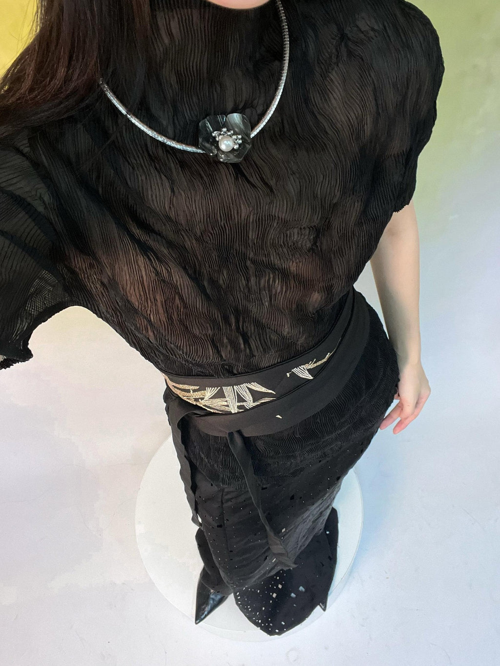 ANTIMOON Sheer Pleated Willow Stripe Five Tone Women's Polyester Short Sleeve T-shirts