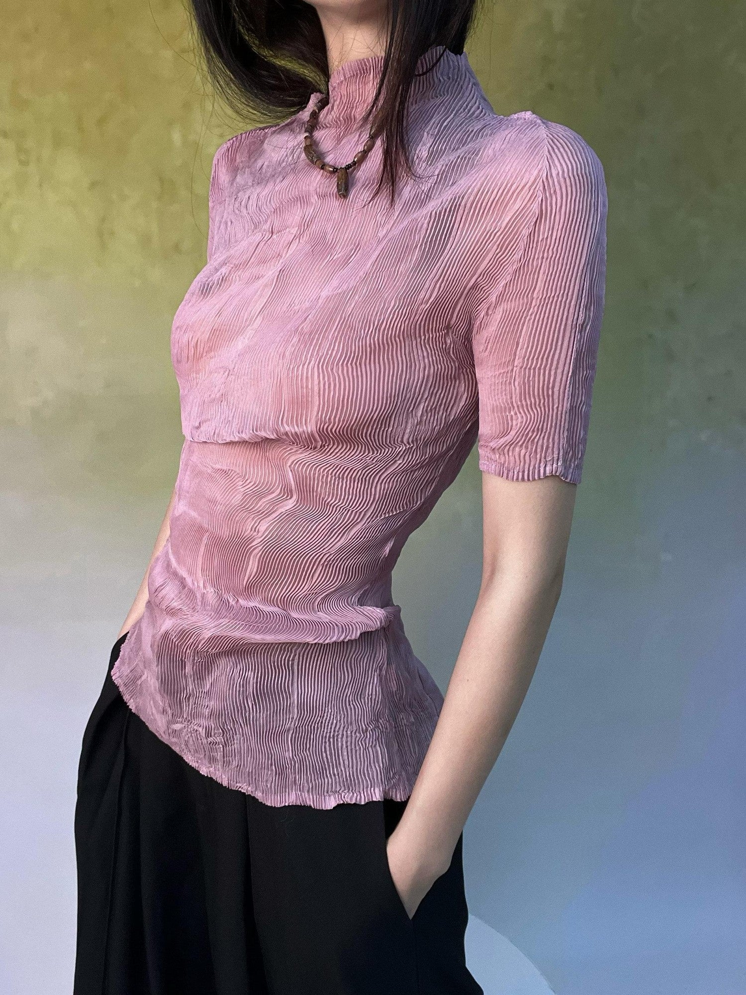 ANTIMOON Sheer Pleated Willow Stripe Five Tone Women's Polyester Short Sleeve T-shirts