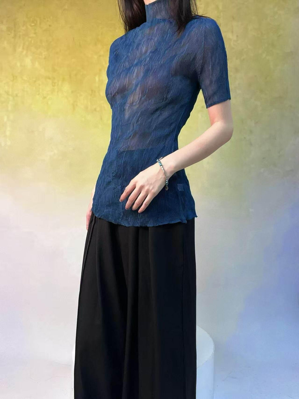 ANTIMOON Sheer Pleated Willow Stripe Five Tone Women's Polyester Short Sleeve T-shirts