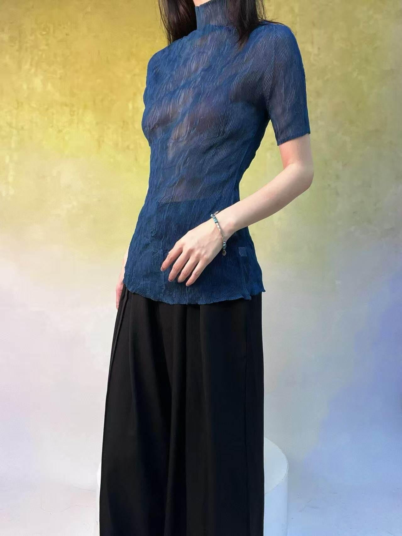 ANTIMOON Sheer Pleated Willow Stripe Five Tone Women's Polyester Short Sleeve T-shirts