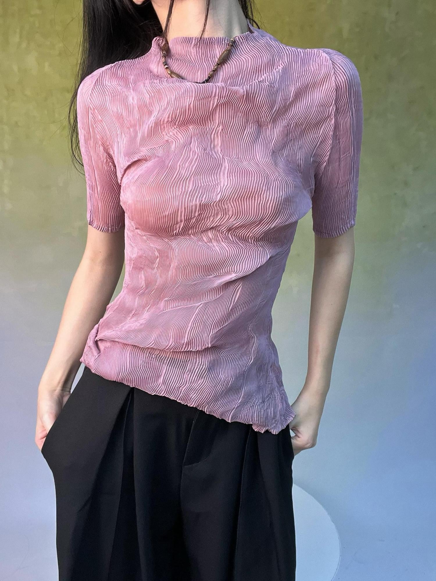 ANTIMOON Sheer Pleated Willow Stripe Five Tone Women's Polyester Short Sleeve T-shirts