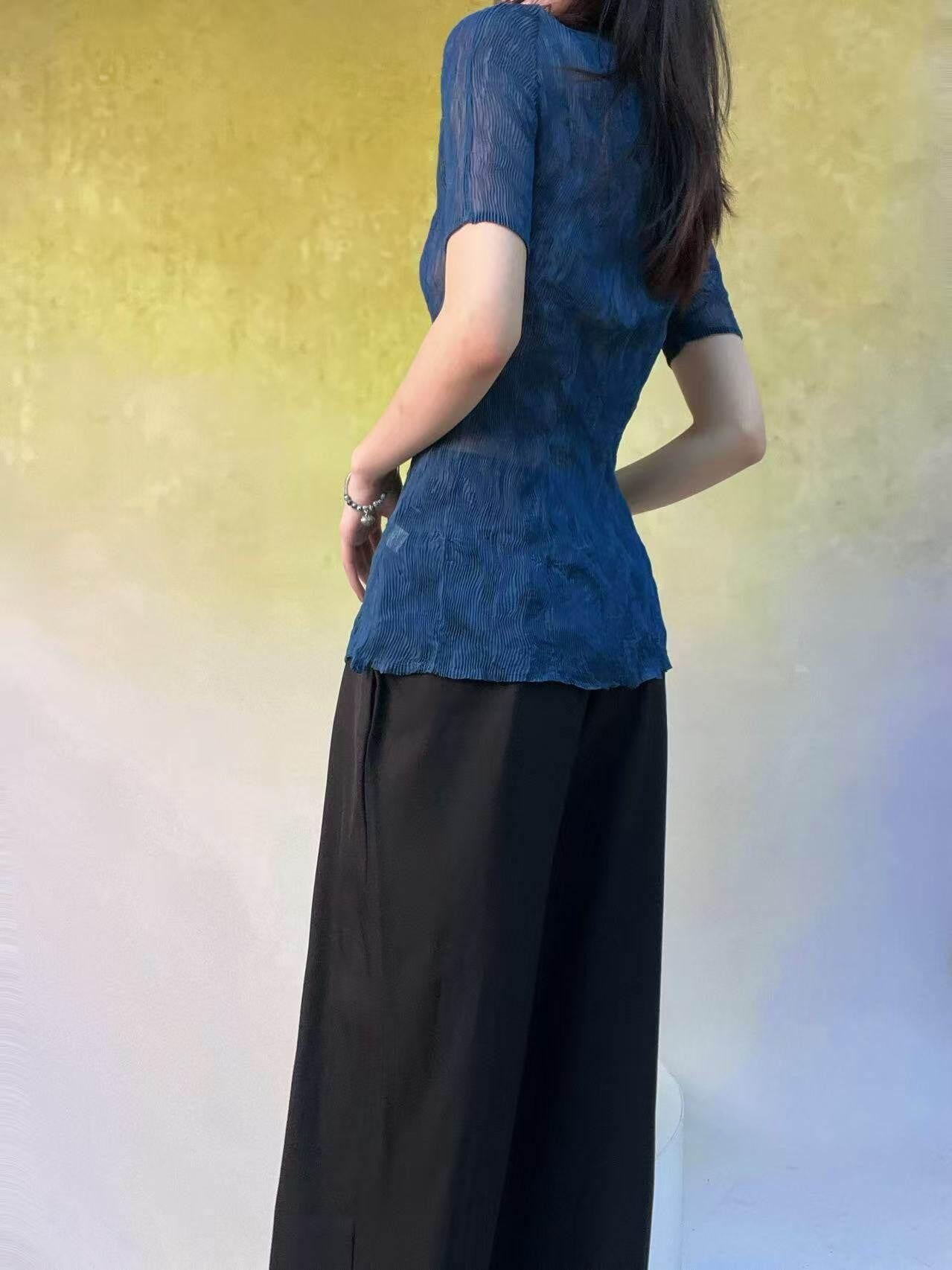 ANTIMOON Sheer Pleated Willow Stripe Five Tone Women's Polyester Short Sleeve T-shirts