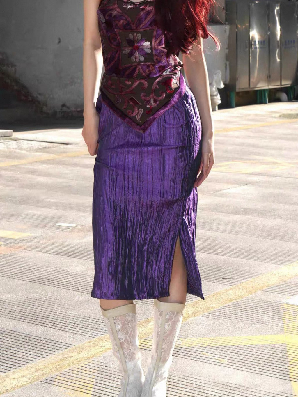 ANTIMOON Shimmer Grape Purple Pleated Vertical Stripe Women's Polyester Midi Skirts