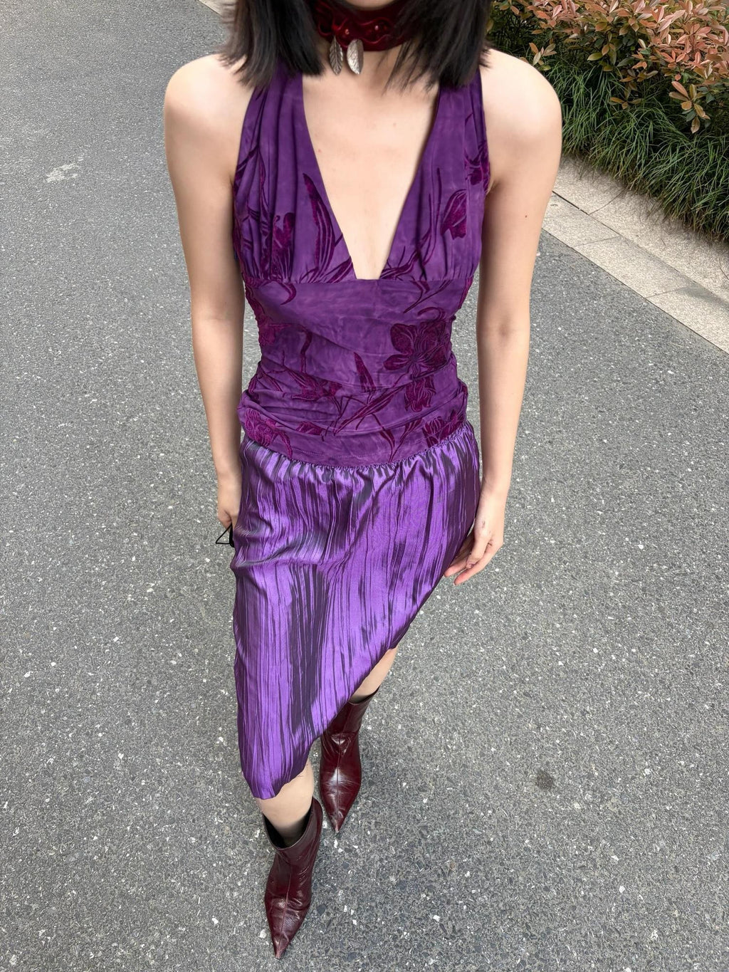 ANTIMOON Shimmer Grape Purple Pleated Vertical Stripe Women's Polyester Midi Skirts