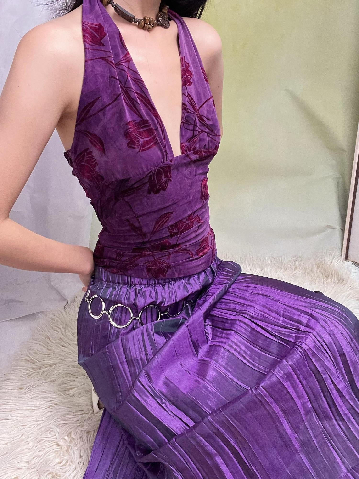 ANTIMOON Shimmer Grape Purple Pleated Vertical Stripe Women's Polyester Midi Skirts