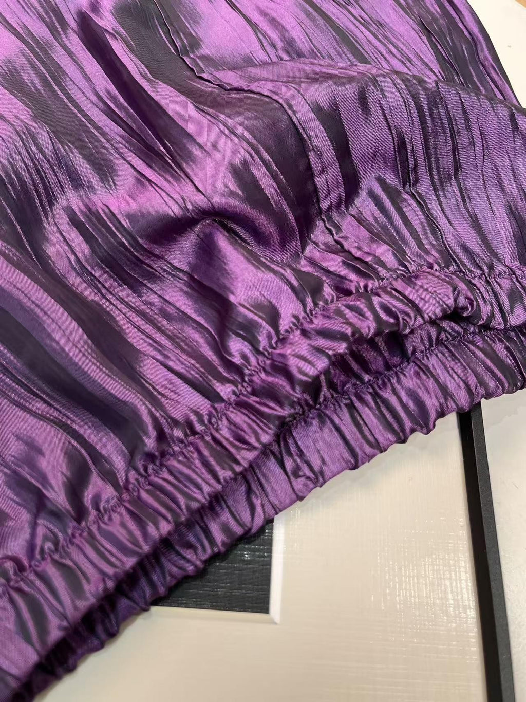 ANTIMOON Shimmer Grape Purple Pleated Vertical Stripe Women's Polyester Midi Skirts
