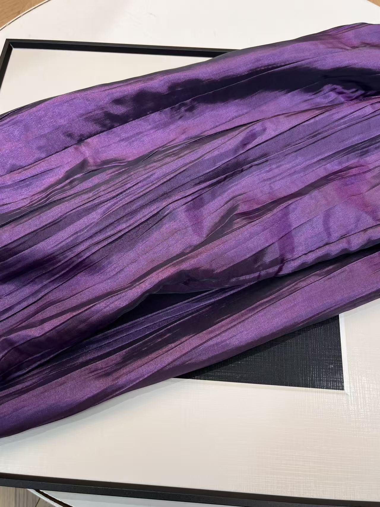 ANTIMOON Shimmer Grape Purple Pleated Vertical Stripe Women's Polyester Midi Skirts