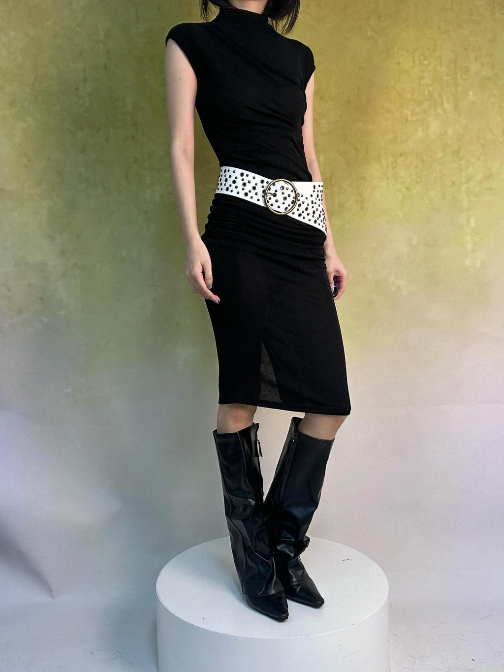 ANTIMOON Shimmery Flowing Pleated High Waist Women's Polyester Bodycon Midi Dresses