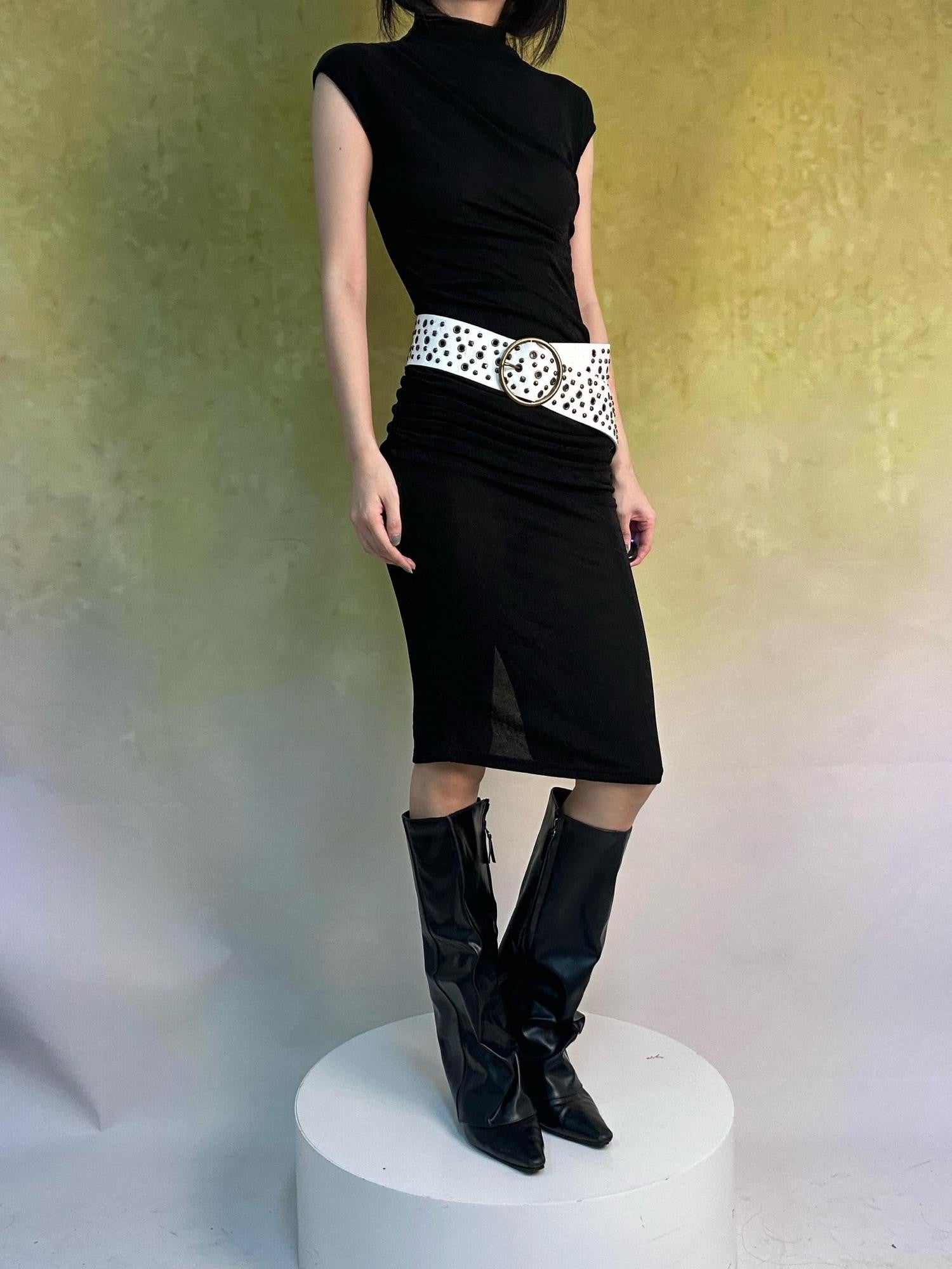 ANTIMOON Shimmery Flowing Pleated High Waist Women's Polyester Bodycon Midi Dresses