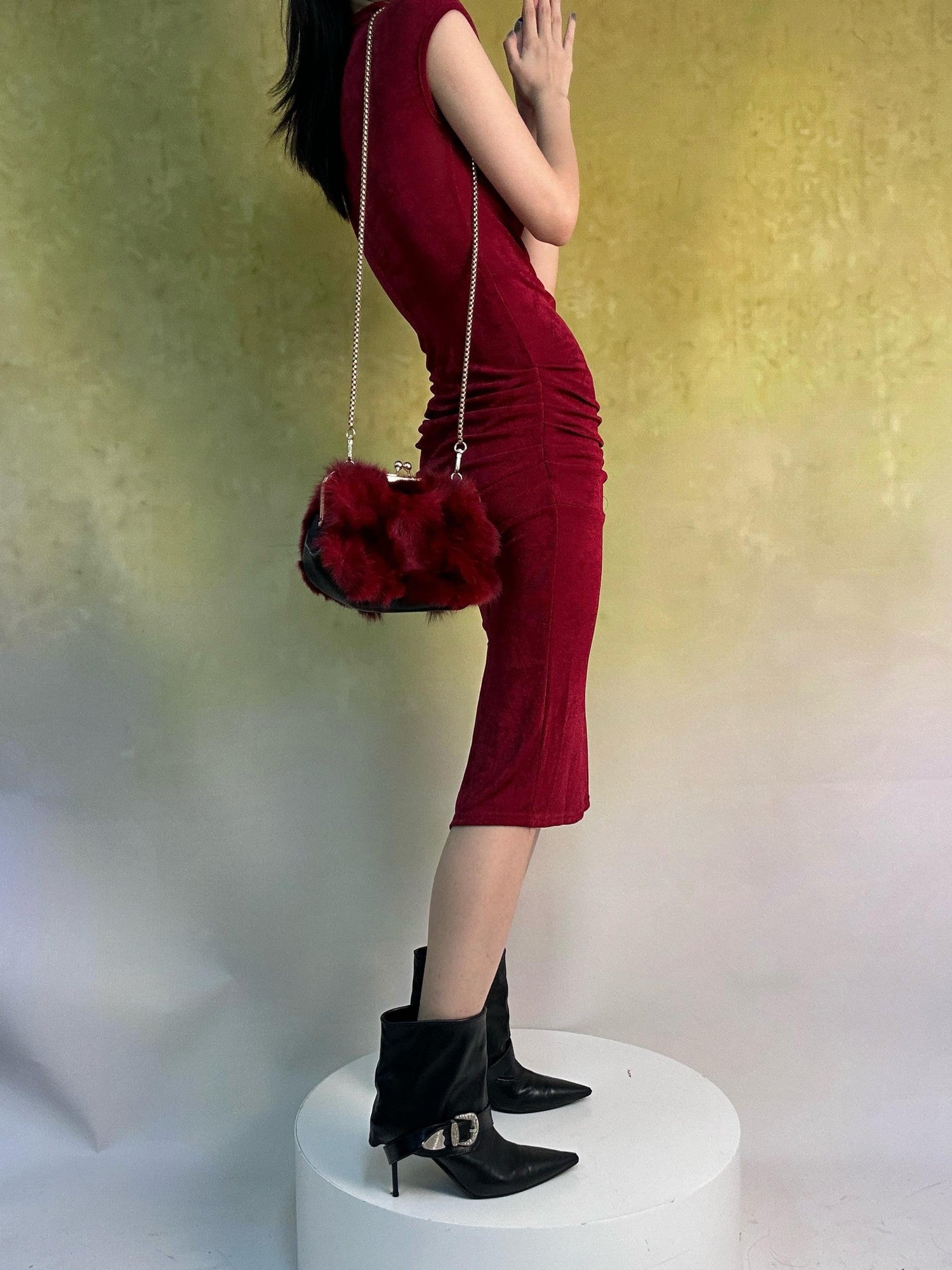 ANTIMOON Shimmery Flowing Pleated High Waist Women's Polyester Bodycon Midi Dresses