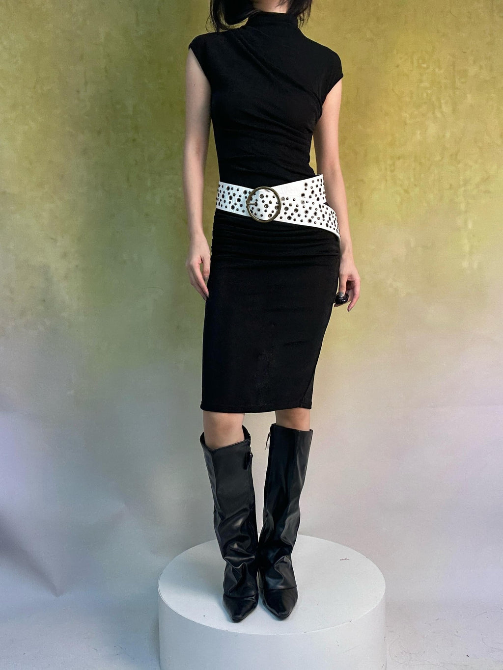 ANTIMOON Shimmery Flowing Pleated High Waist Women's Polyester Bodycon Midi Dresses