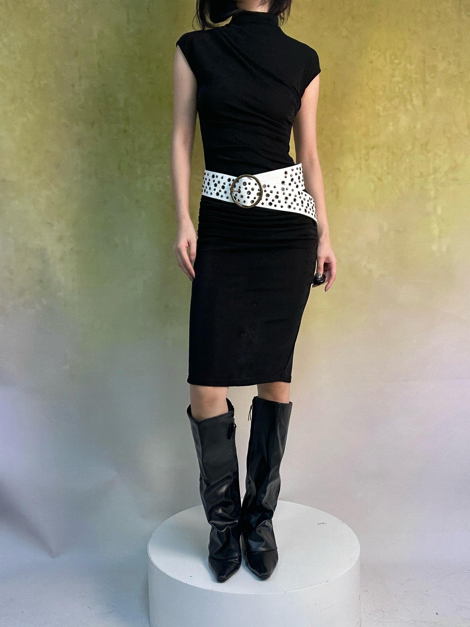 ANTIMOON Shimmery Flowing Pleated High Waist Women's Polyester Bodycon Midi Dresses