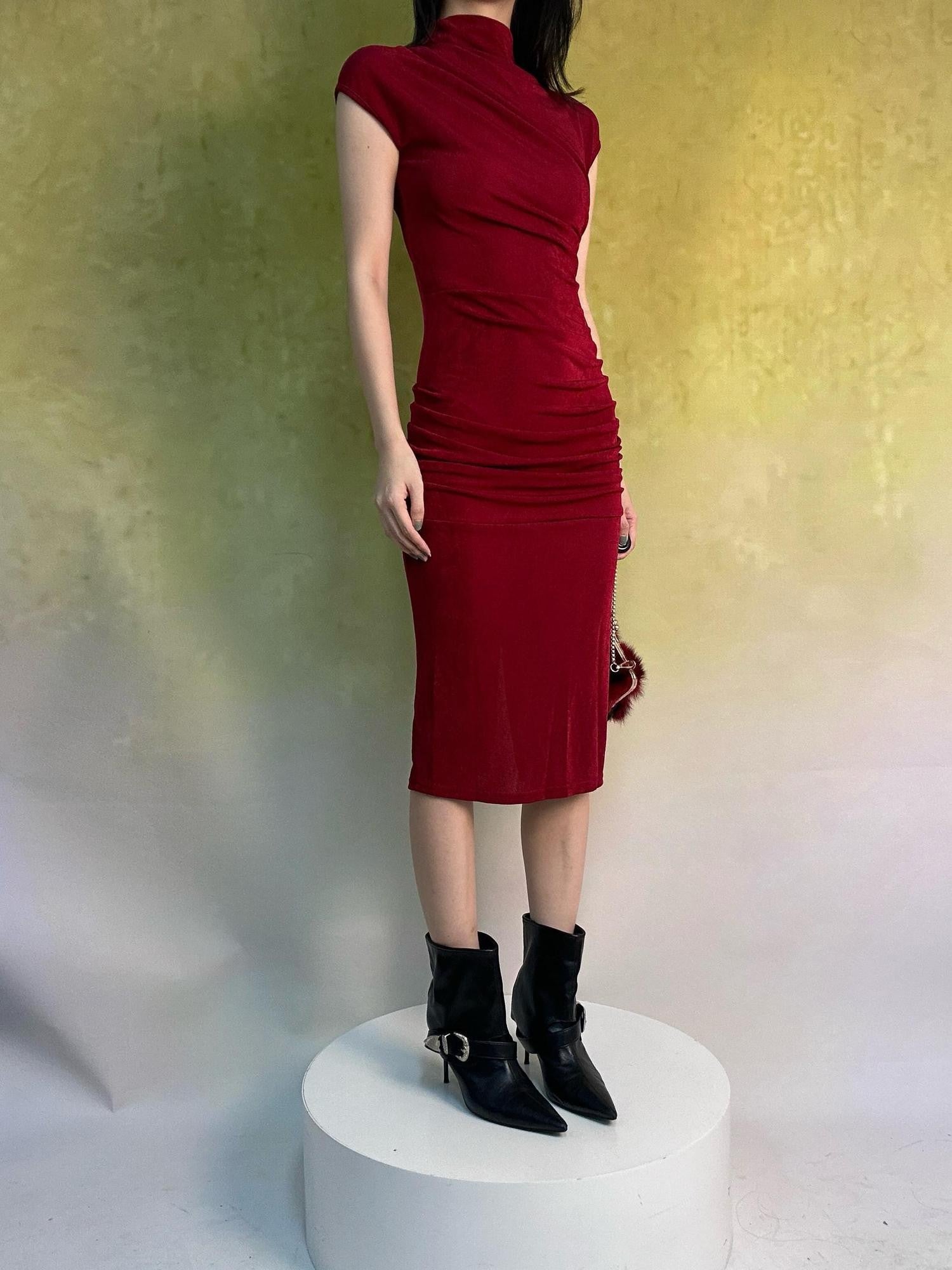 ANTIMOON Shimmery Flowing Pleated High Waist Women's Polyester Bodycon Midi Dresses
