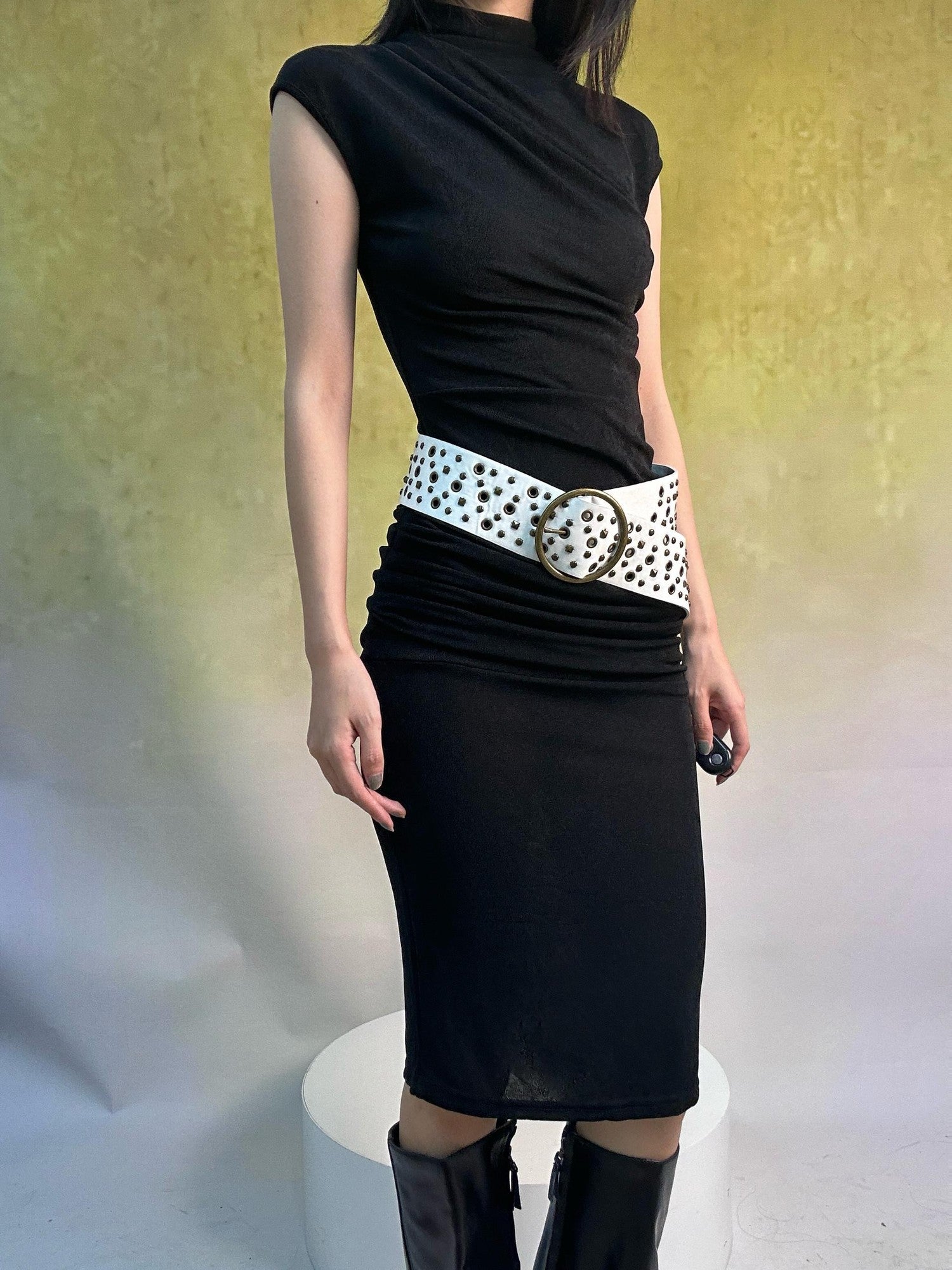 ANTIMOON Shimmery Flowing Pleated High Waist Women's Polyester Bodycon Midi Dresses