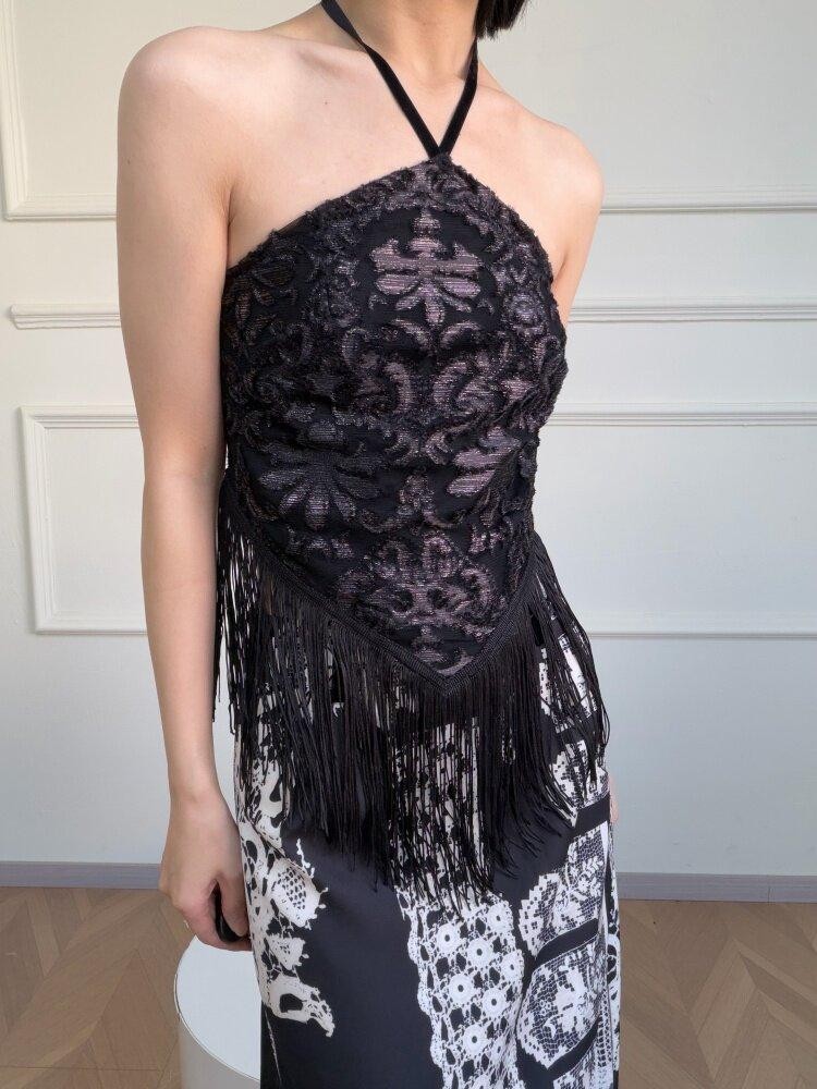 ANTIMOON Silver White Chinese Style Floral Women's Polyester Halter Tops