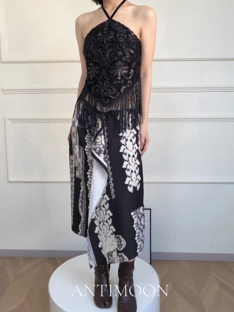 ANTIMOON Silver White Chinese Style Floral Women's Polyester Halter Tops