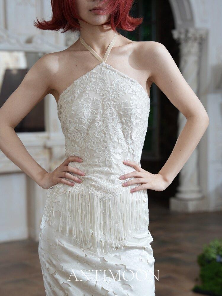 ANTIMOON Silver White Chinese Style Floral Women's Polyester Halter Tops