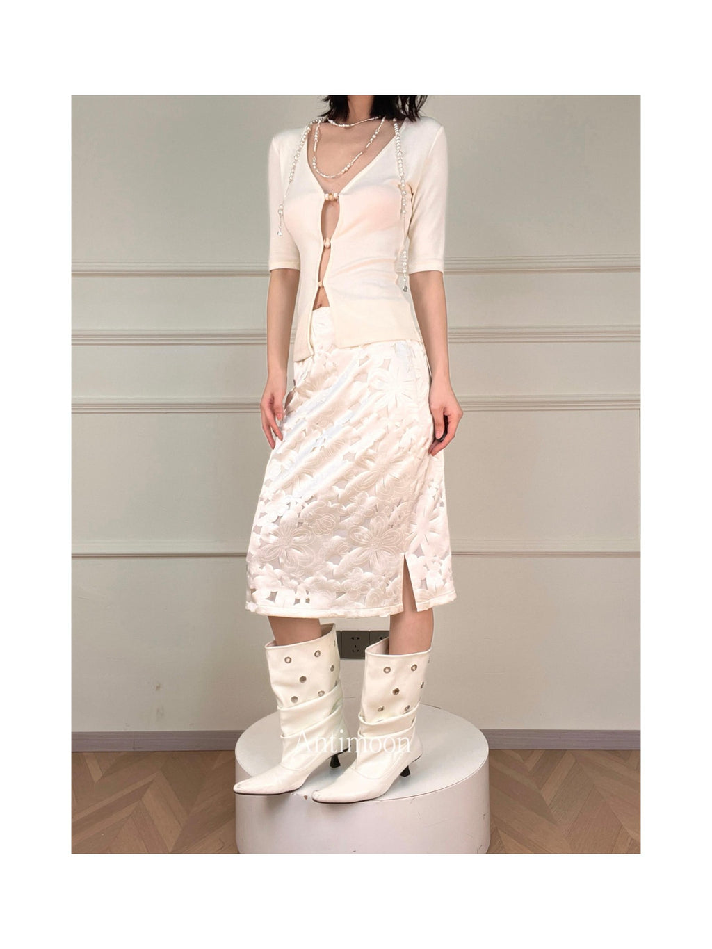ANTIMOON Silver Window Floral Laser Cut Hollow Detail Women's Polyester Midi Skirts
