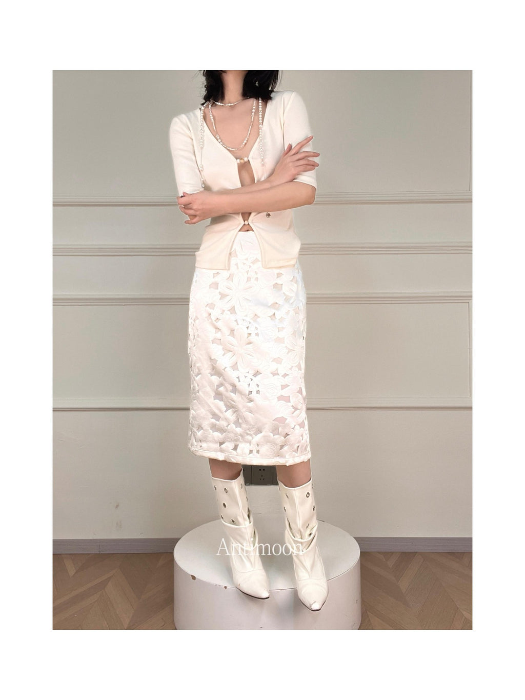 ANTIMOON Silver Window Floral Laser Cut Hollow Detail Women's Polyester Midi Skirts