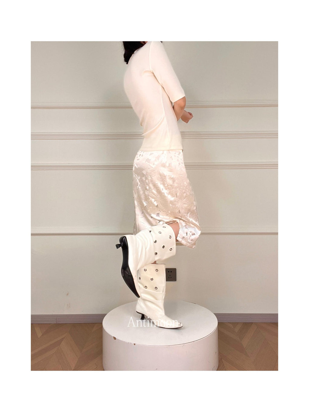 ANTIMOON Silver Window Floral Laser Cut Hollow Detail Women's Polyester Midi Skirts