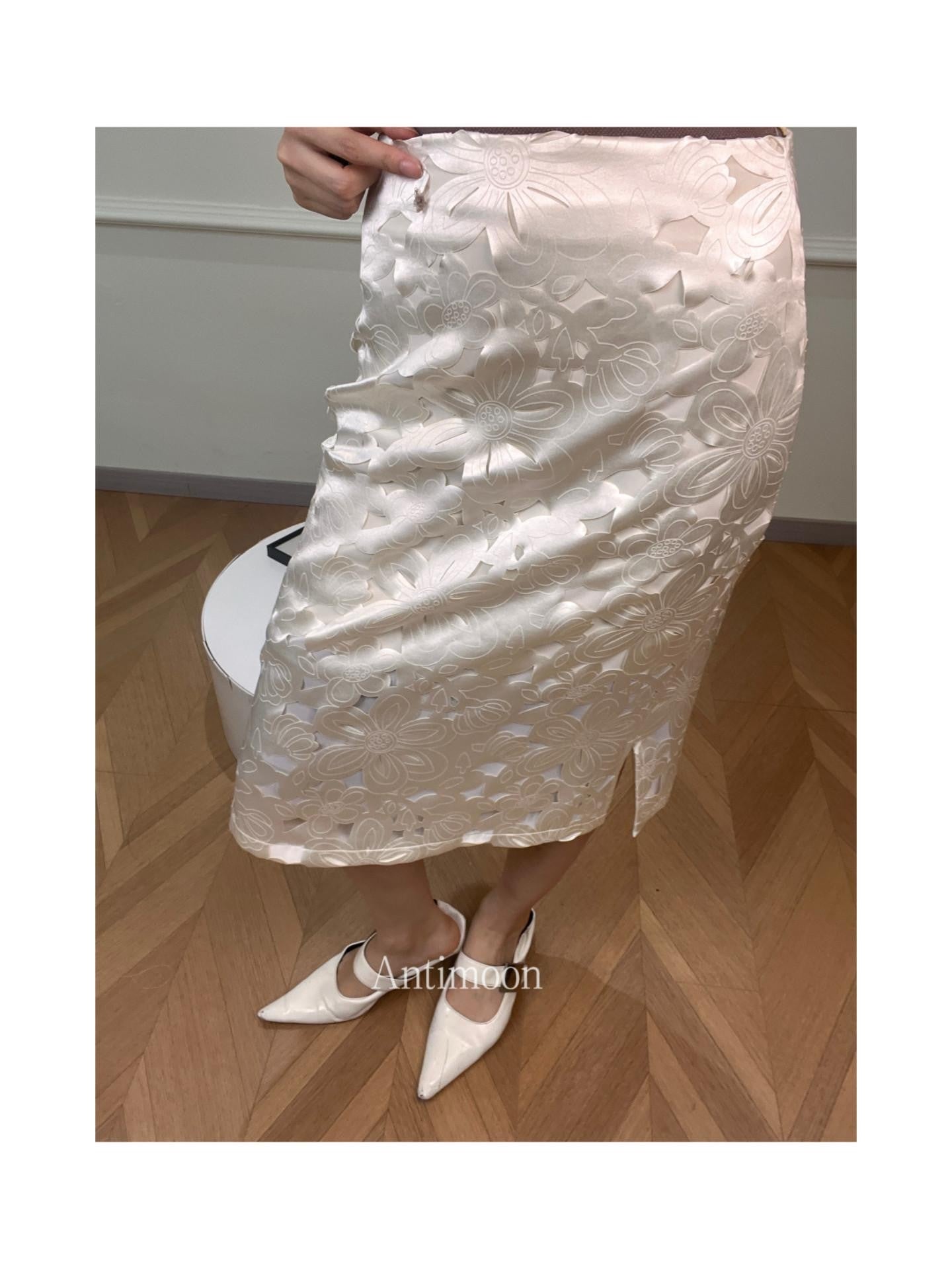ANTIMOON Silver Window Floral Laser Cut Hollow Detail Women's Polyester Midi Skirts